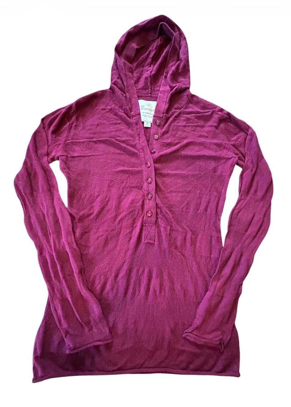 Energie Authentic Long Sleeve Hooded Henley Sweater Magenta Size Large